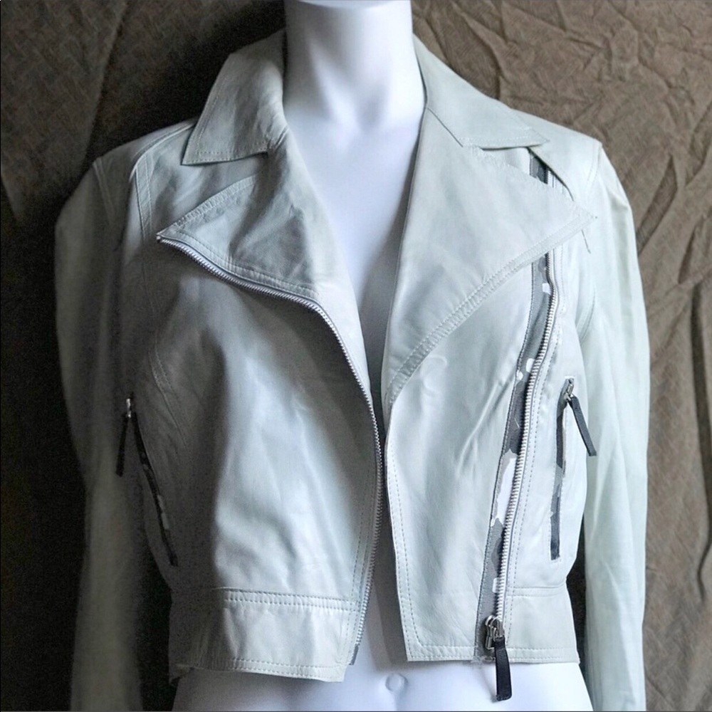 Giles Grey Leather Cropped Moto - Picture 3 of 11